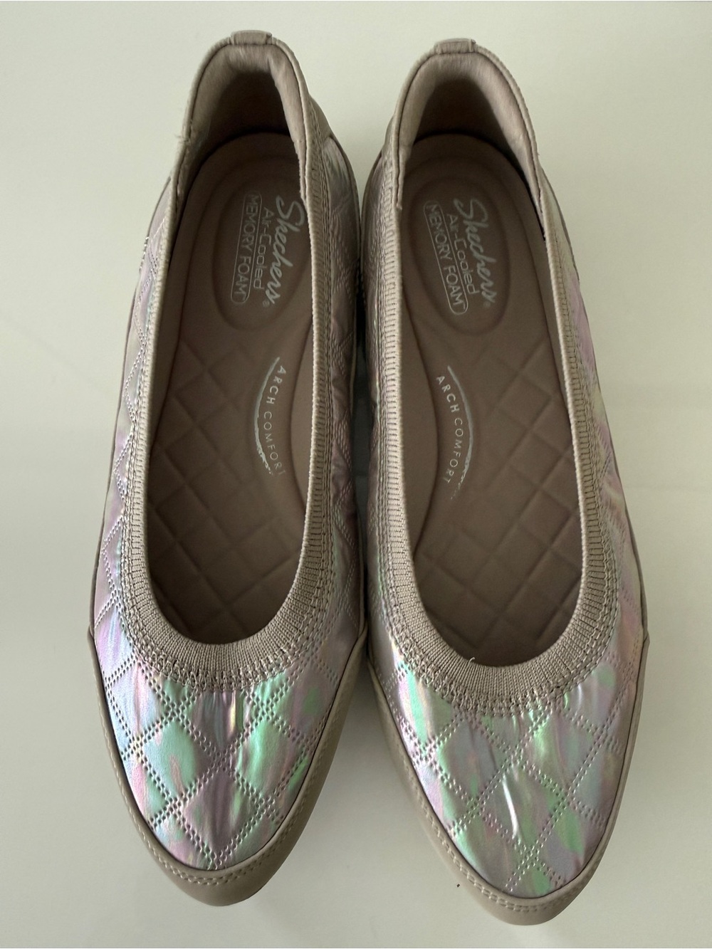 Skechers 
Cleo Walk - Ballet Ease Quilted Slip-On Flats Shoes,Beige/Multi, 8.5